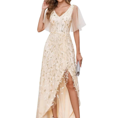 OFEYCHUN Champagne Tulle Formal Wedding Guest Dress Short Sleeve Mother of The Bride Dresses Sequins Evening Dresses Size 12