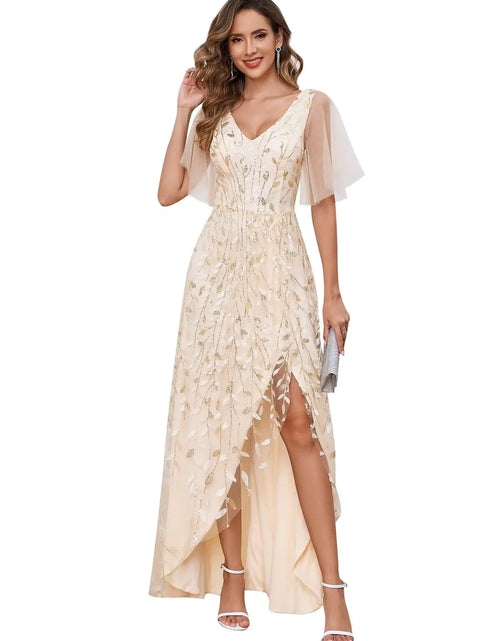 Load image into Gallery viewer, OFEYCHUN Champagne Tulle Formal Wedding Guest Dress Short Sleeve Mother of The Bride Dresses Sequins Evening Dresses Size 12
