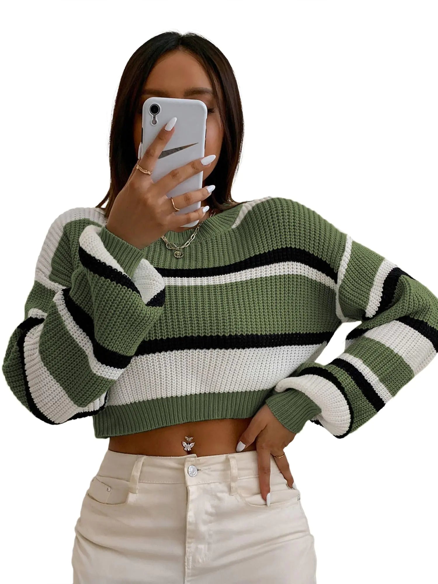 ZAFUL Womens Color Block Striped Sweater Crew Neck Lantern Sleeve Cropped Sweaters Casual Loose Knitted Tops