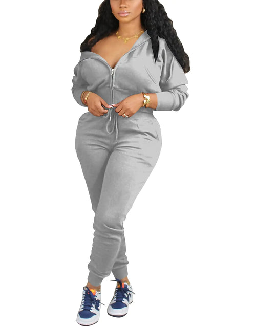 Load image into Gallery viewer, TOPSRANI Womens Two Piece Outfits Casual Sweatsuits Solid Tracksuit Jogging Zip Up Jogger Hoodie Long Pant Sets with Pockets Zipper Grey M
