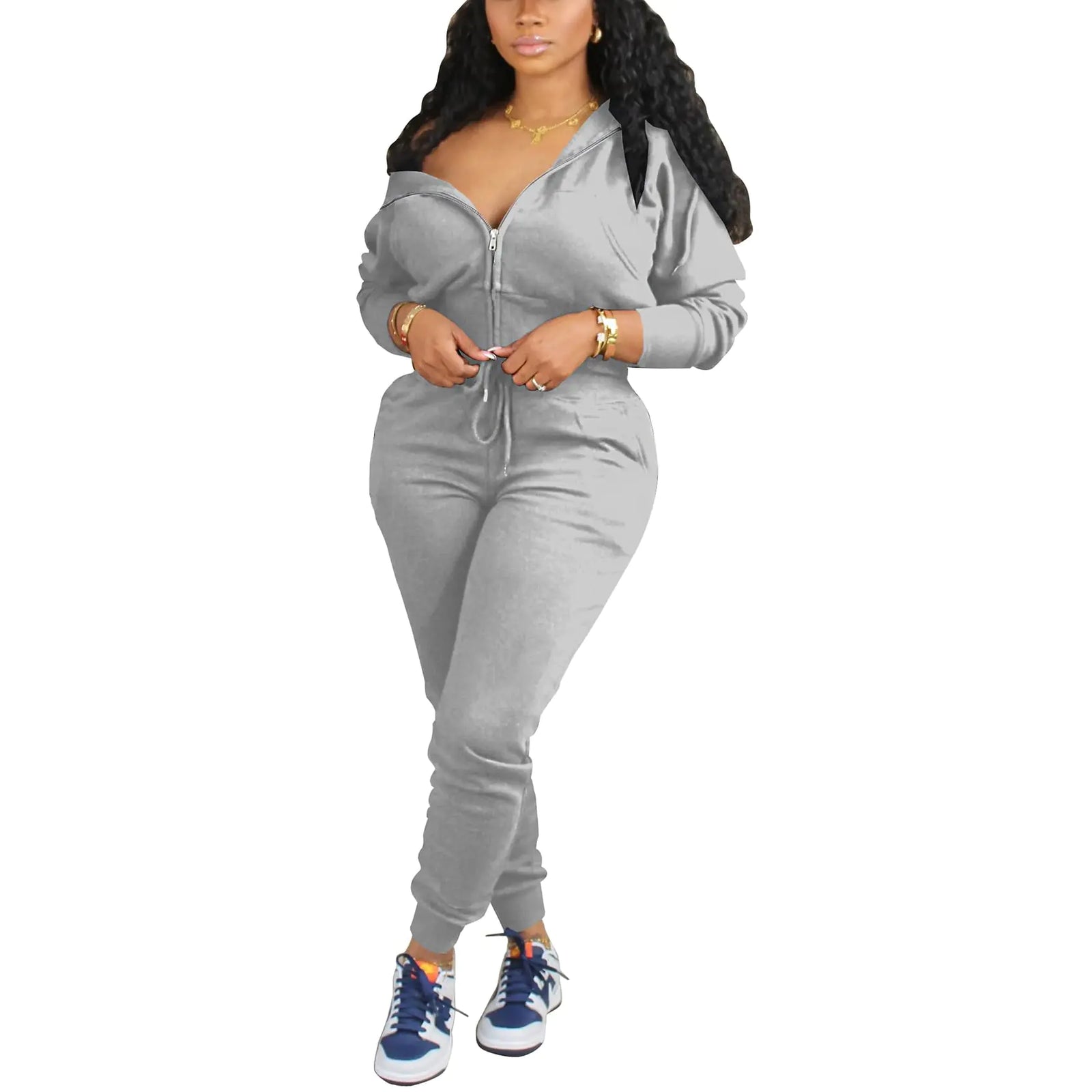 TOPSRANI Womens Two Piece Outfits Casual Sweatsuits Solid Tracksuit Jogging Zip Up Jogger Hoodie Long Pant Sets with Pockets Zipper Grey M