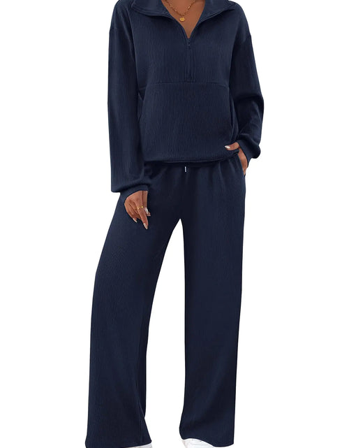 Load image into Gallery viewer, BTFBM Womens 2 Piece Sweatsuits Set Long Sleeve Half Zip Pullover Sweatshirt Wide Leg Sweatpants Fall Outfits Tracksuit(Solid NavySmall)
