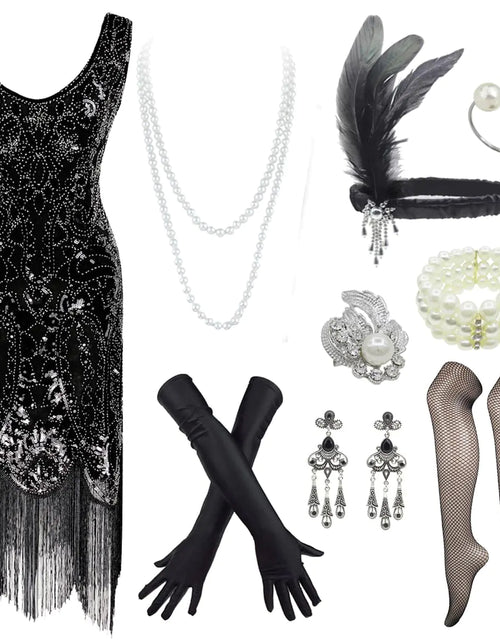 Load image into Gallery viewer, Womens 1920s Art Deco Gatsby Dresses Sequin Fringed Flapper Dresses (XXX-Large Style02-Black)

