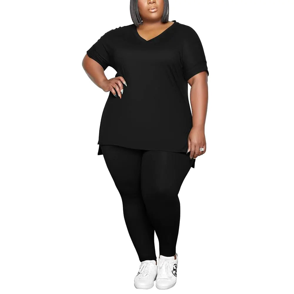 PINSV Womens Plus Size 2 Piece Outfits Sweatsuits Short Sleeve Tshirts Long Pants Tracksuit Loungewear Sets Black 5XL