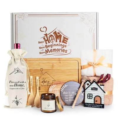 Regalos de Inauguración de Casa Nueva 11 Piezas Cesta de Regalo para Casa Nueva Incluye Tabla de Servir Sweet Home Posavasos de Cerámica Vela Aromática y Más Regalos de Inauguración de Casa Nueva para Parejas Mujeres Hombres
