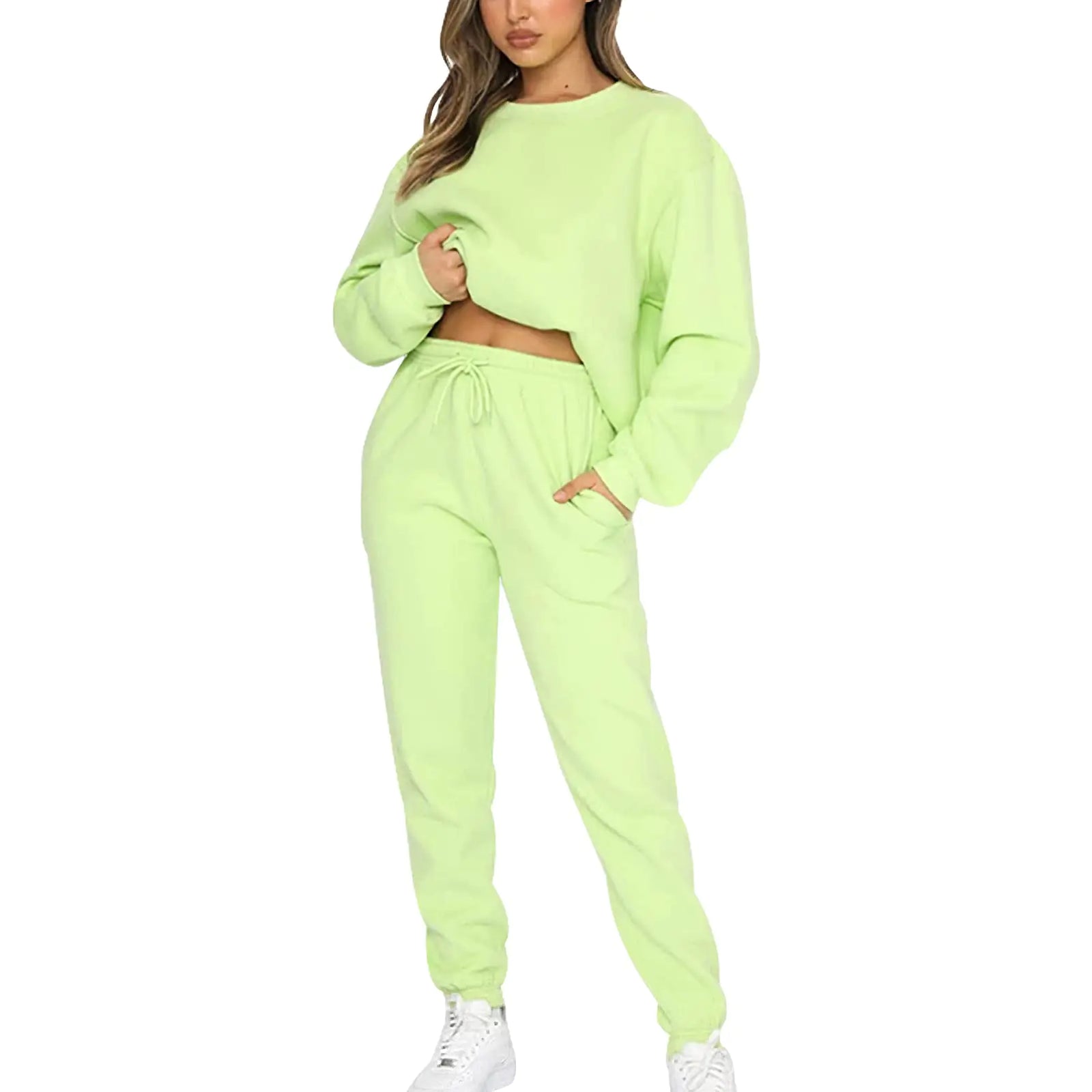amropi Womens Pullover Tracksuit Fleece Sweatshirt Jogging Pants 2 Pieces Sweatsuits Green XXL