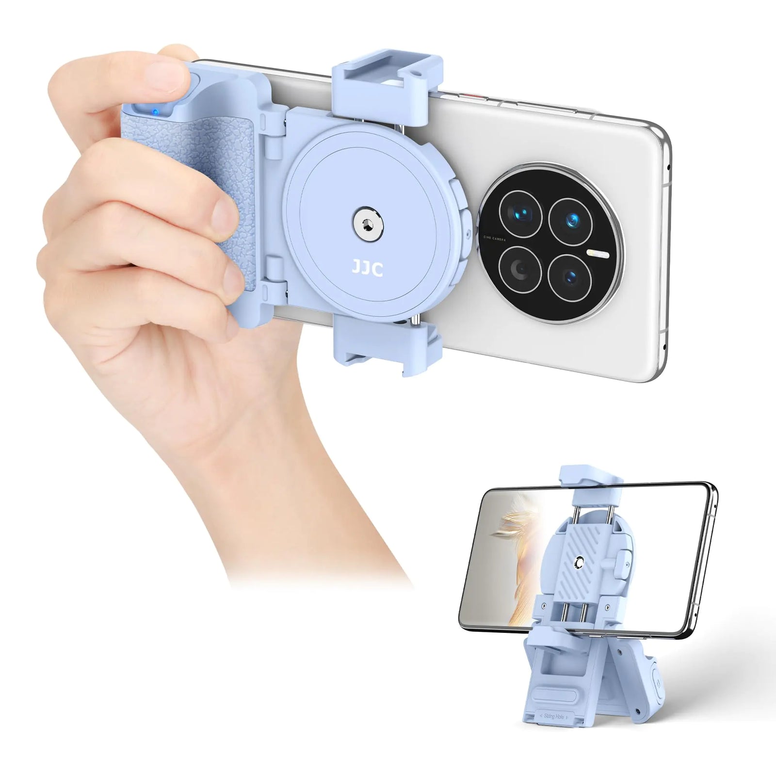 JJC Phone Camera Grip with Wireless Remote Smartphone Remote Grip Handle with Adjustable Phone Clamp & Two Cold Shoe Mounts for iPhone Samsung Android Phone for Vlog Video Photo Shooting-Blue