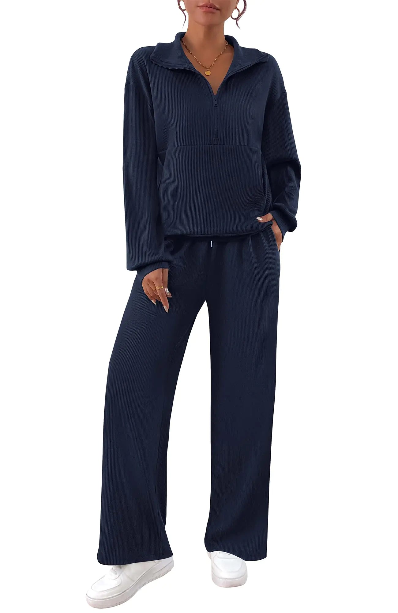 BTFBM Womens 2 Piece Sweatsuits Set Long Sleeve Half Zip Pullover Sweatshirt Wide Leg Sweatpants Fall Outfits Tracksuit(Solid NavySmall)