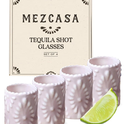 MEZCASA Talavera Shot Glasses — 100% Handmade Ceramic Tequila Shot Glasses with Talavera Mexican Pottery Design — Perfect Tequila Gifts for Women & Men for Any Occasion (BLUSH PINK| SET OF 4)