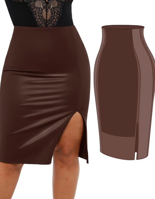 Cargar imagen en el visor de la galería, Faldas de piel sintética Popilush con faja de malla incorporada, control de abdomen, cintura alta, falda midi para mujer, color marrón chocolate
