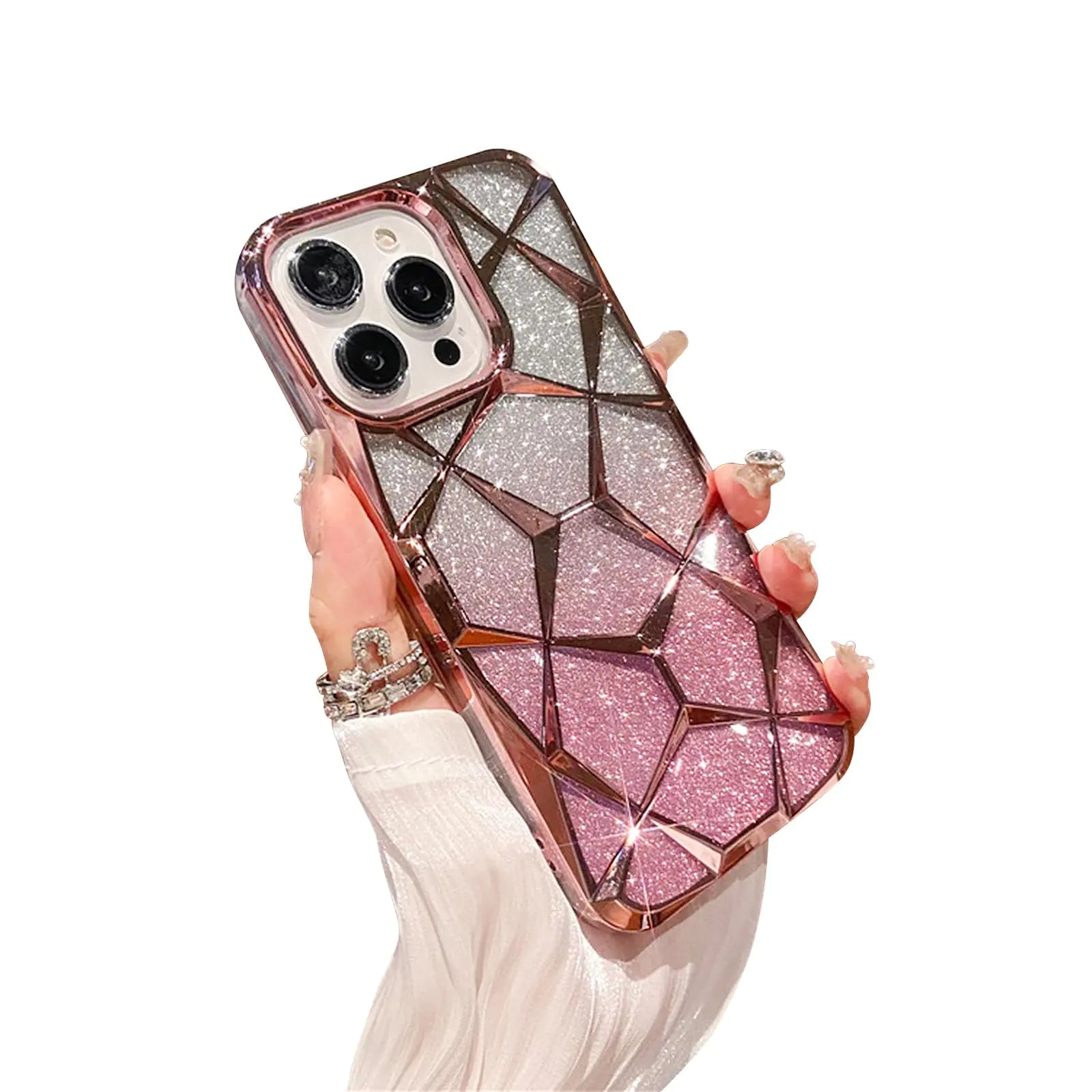 Fycyko Compatible con Funda para iPhone 15 Pro Max con Diseño de Chapado de Diamante Brillante Lujoso y Lindo Estético para Mujeres y Adolescentes, Funda Protectora para Teléfono - Rosa