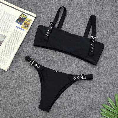 Solid Color Bikini Set with Buckle Swimwear