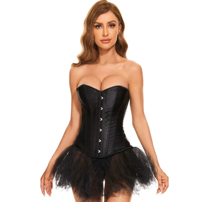 LEACOOLKEY Women Black Bustier Corset Top Boned Overbust Lace-up Waist Cincher Corset Lingerie Shapewear Halloween Costume