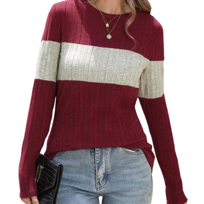 Cnlinkco Blusas de manga larga para mujer, suéteres estilo púllover con bloques de color, cuello redondo, rayas, ajuste entallado, tops PAT3 XL