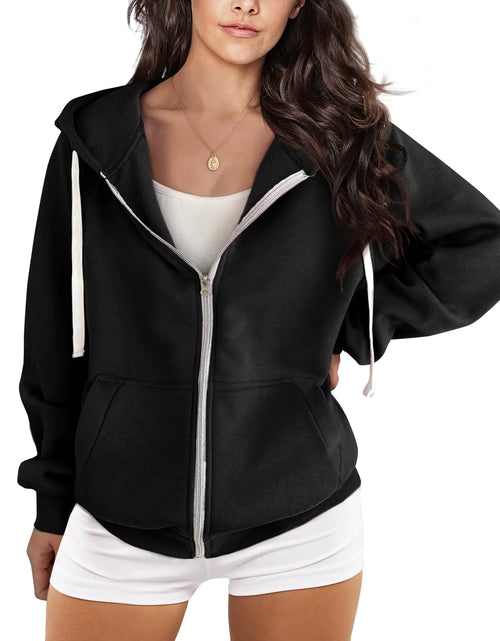 Cargar imagen en el visor de la galería, Sudadera con capucha esencial para mujer de DOUBLJU, de manga larga, para otoño, estilo informal extragrande, para mujer, color negro
