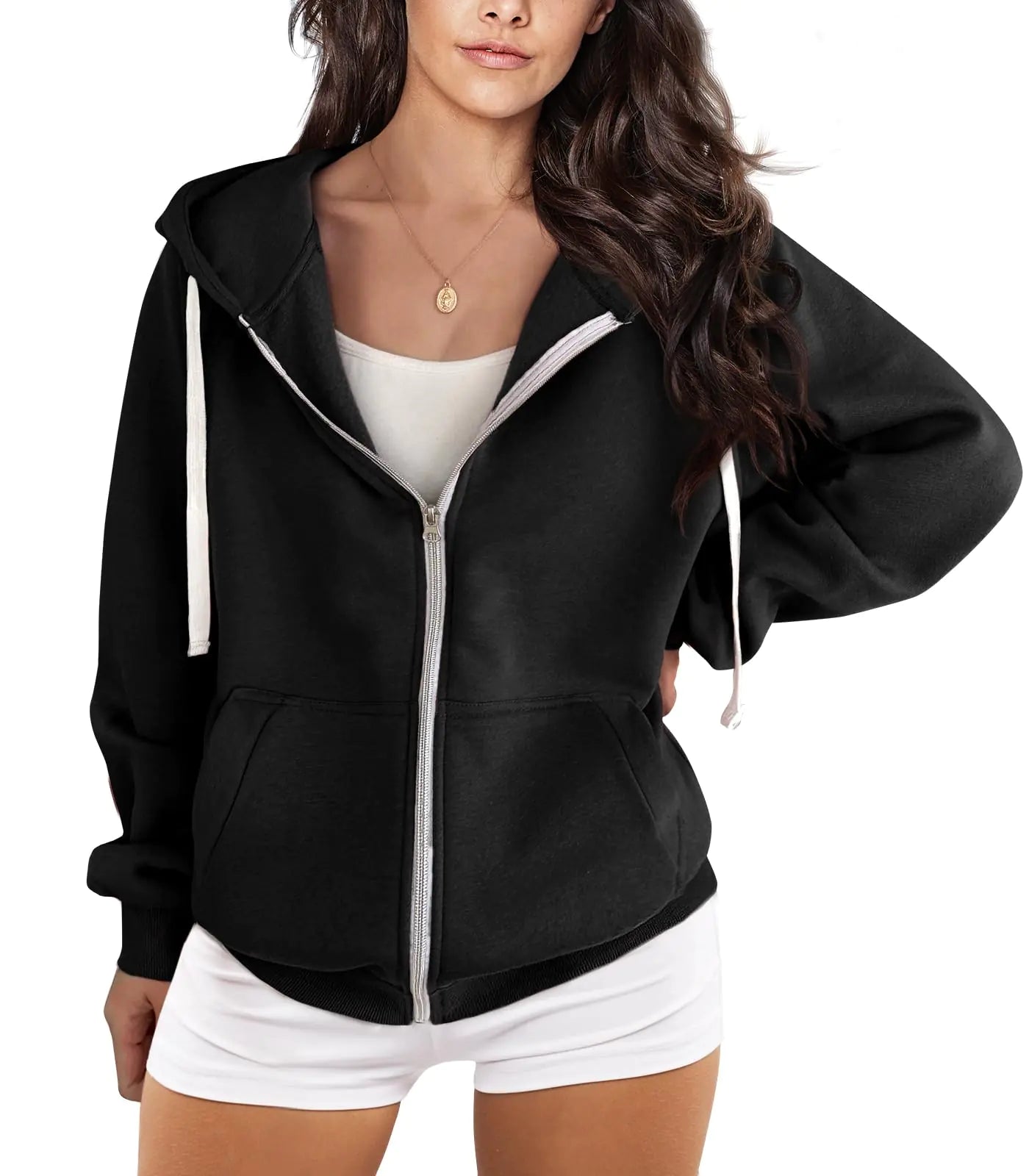 Sudadera con capucha esencial para mujer de DOUBLJU, de manga larga, para otoño, estilo informal extragrande, para mujer, color negro