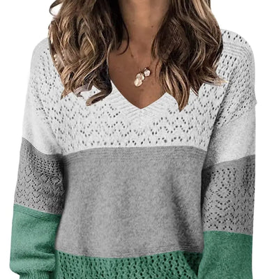 FEKOAFE 2024 Suéteres de punto con cuello en V y huecos para mujer, suéteres de invierno gruesos de manga larga con bloques de color, gris verde extragrande