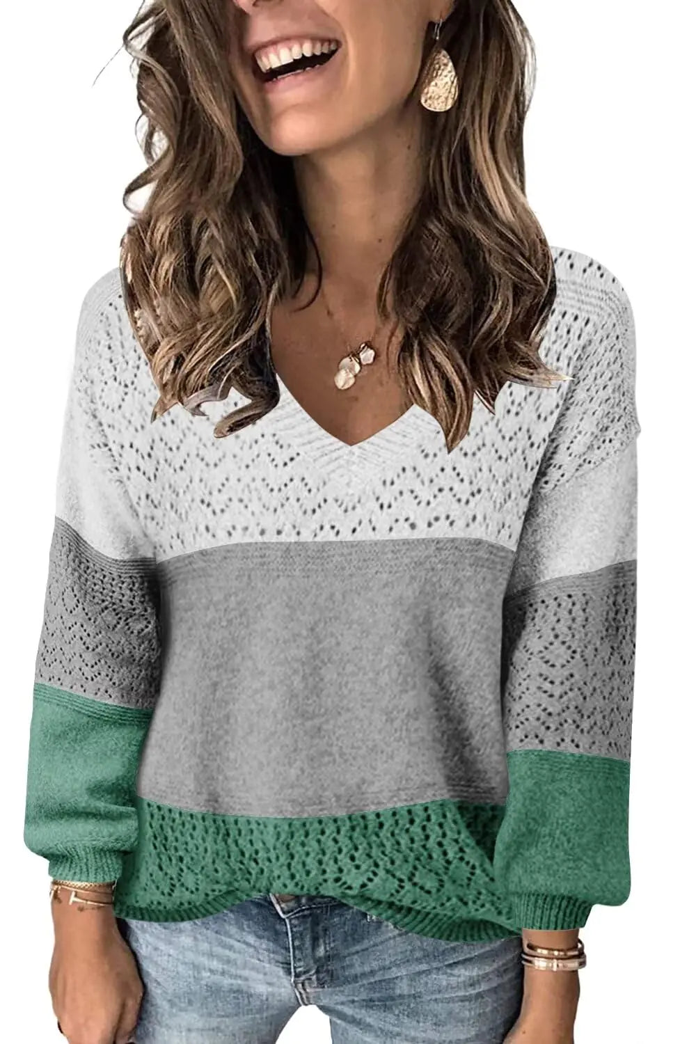 FEKOAFE 2024 Suéteres de punto con cuello en V y huecos para mujer, suéteres de invierno gruesos de manga larga con bloques de color, gris verde extragrande