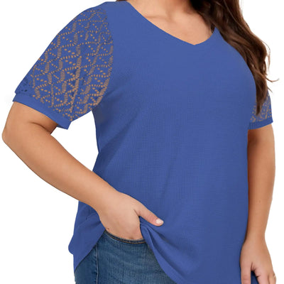 Lace Short Sleeve Shirts for Women Loose Casual Summer Shirts Boho Tops for Women V Neck Waffle Tee Blouse (X-Large Blue)