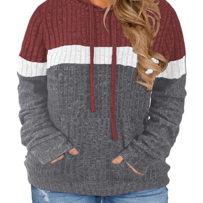VISLILY Suéteres de talla grande para mujer, sudaderas casuales de otoño, sudaderas con capucha modernas con bloques de color para invierno, XL, rojo vino