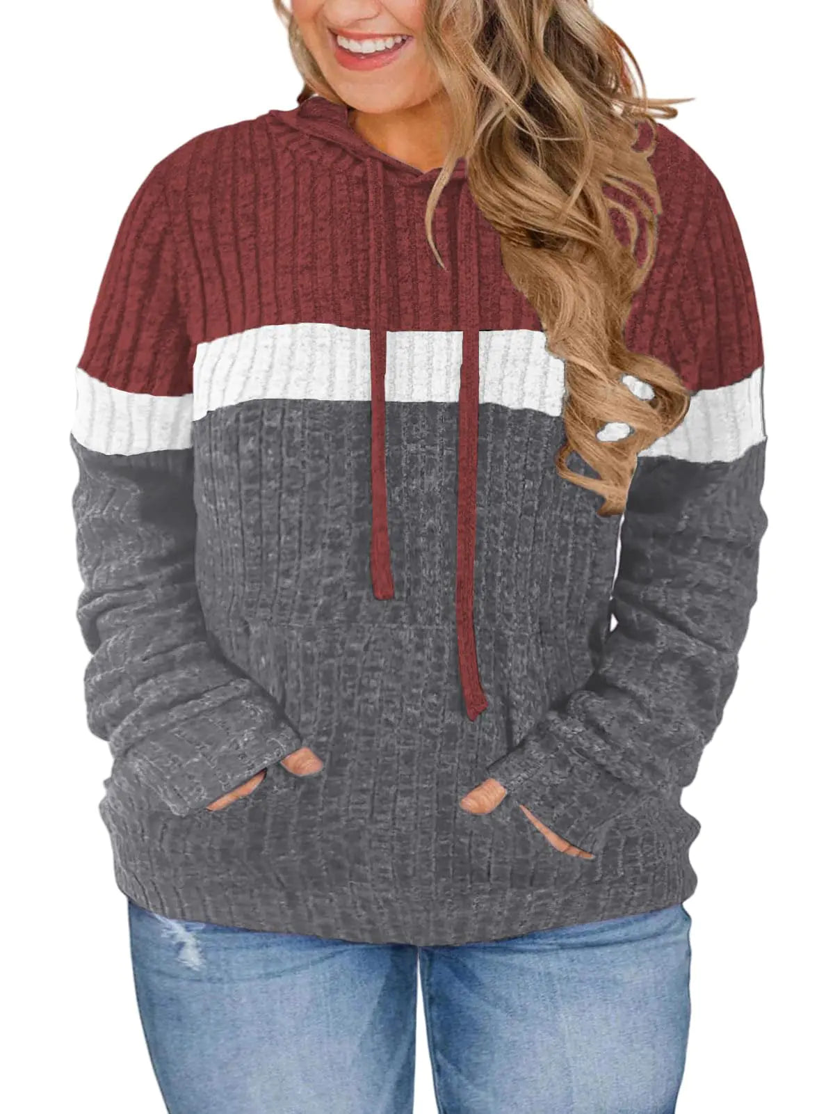 VISLILY Plus Size Womens Sweaters Casual Fall Pullover Sweatshirts Trendy Color Block Winter Hoodies Xl Wine Red