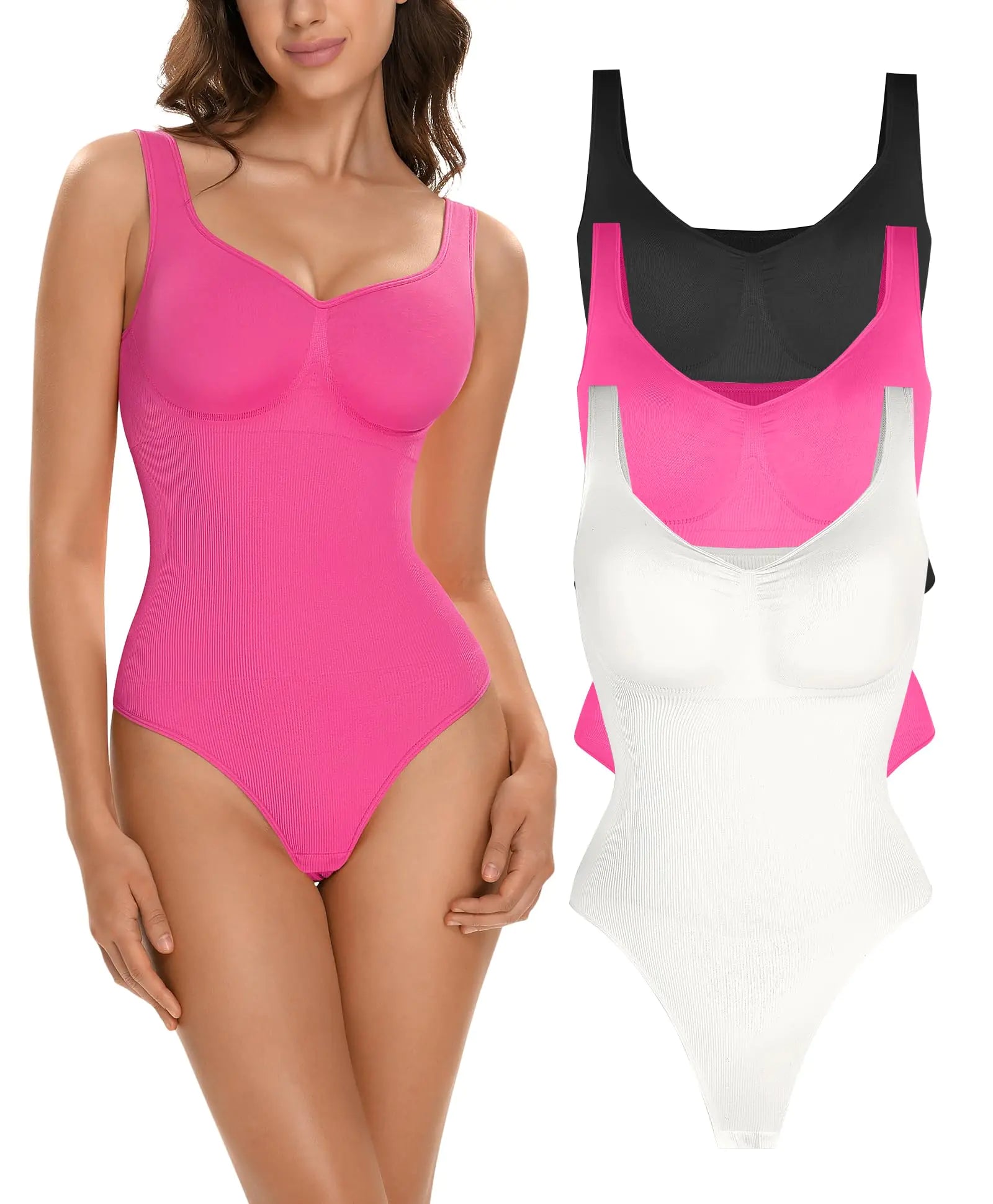 Lover-Beauty Womens 3 Piece Bodysuits Ribbed Thong Sculpting Shapewear Seamless Tank Top Black White Pink 3XL/4XL