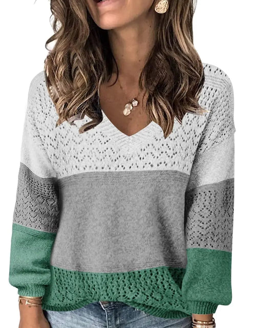 Cargar imagen en el visor de la galería, FEKOAFE 2024 Suéteres de punto con cuello en V y huecos para mujer, suéteres de invierno gruesos de manga larga con bloques de color, gris verde extragrande

