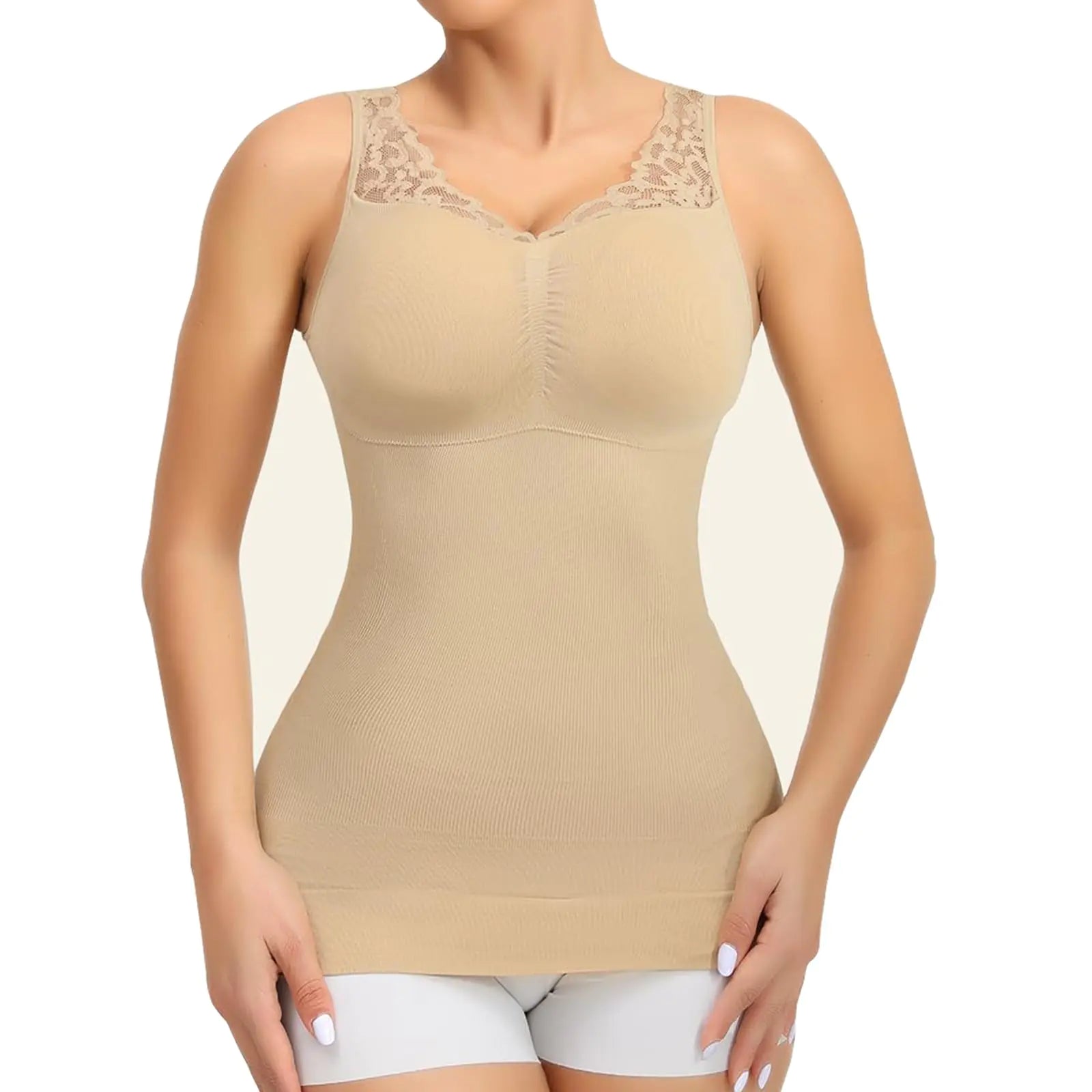 Royalshape Camisoles With Built in Bra - Compression Shapewear V Neck Tank Tops for Women Lace Cami Shaper Tummy Control
