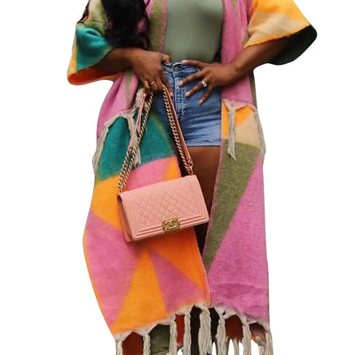 Ecirod Womens 2024 Fall Open Front Fringe Knit Cardigan Long Sweaters Aztec Double Slit Tassels Kimono Duster Cardigans