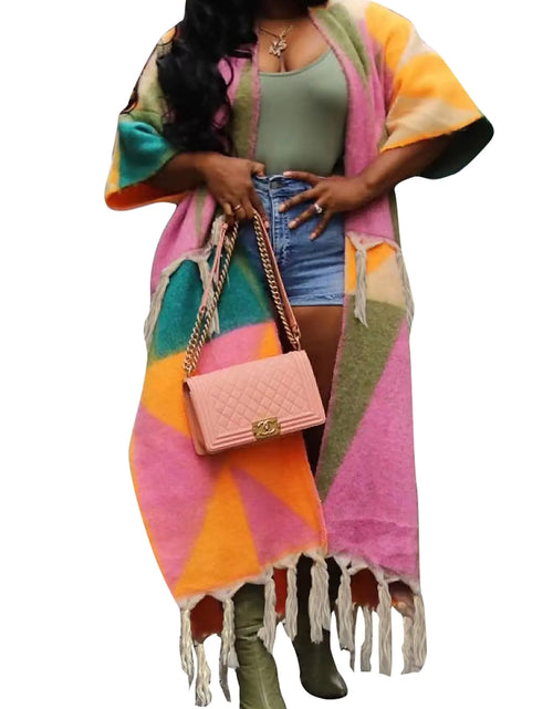 Load image into Gallery viewer, Ecirod Womens 2024 Fall Open Front Fringe Knit Cardigan Long Sweaters Aztec Double Slit Tassels Kimono Duster Cardigans
