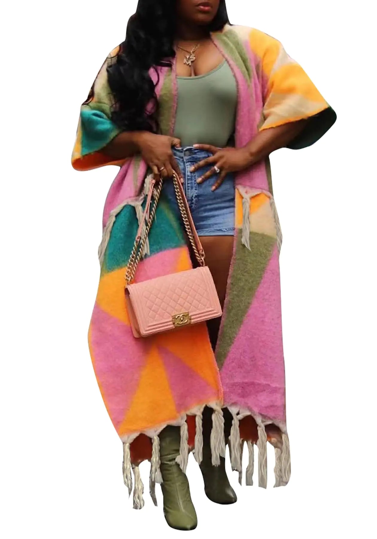 Ecirod Womens 2024 Fall Open Front Fringe Knit Cardigan Long Sweaters Aztec Double Slit Tassels Kimono Duster Cardigans