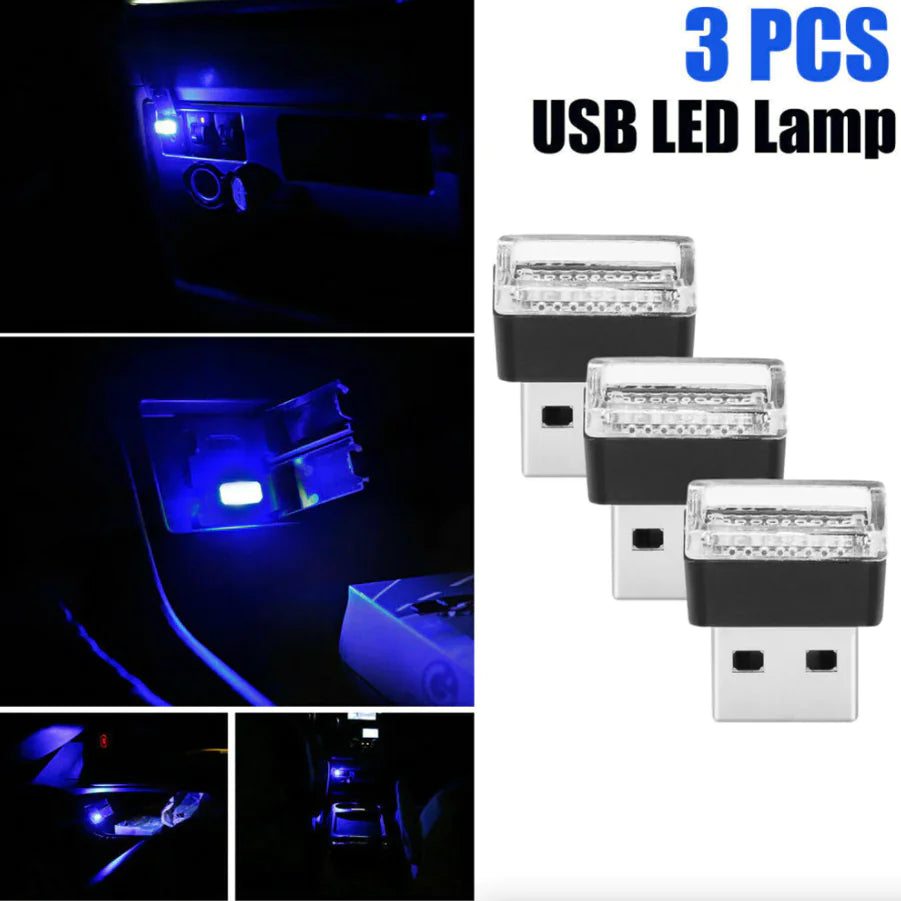 3x Mini Luz LED Azul USB Interior de Coche Lámpara de Ambiente Neón Accesorios