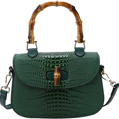 Women Handbag artificial leather Bamboo Top handle Crossbody bag Elegant Purse Evening bag Gift for Women Handmade (green)