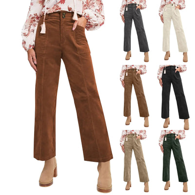Womens Corduroy Pants Vintage High Waisted Wide Leg Dress Pants with Pockets Casual Button Down Comfy Work Pants 2024 Loose Fit Straight Leg Pants Womens Business Pants High Waisted Trousers Pants