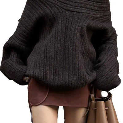 Suéter Kwunbwa para mujer, hombros descubiertos, mangas de murciélago extragrandes, suéter de punto grueso y holgado, color marrón