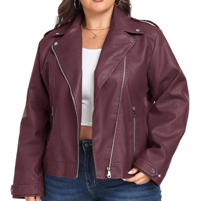 wantdo Womens Plus Size Faux Leather Jacket Short Moto Jacket Wine Red 1X