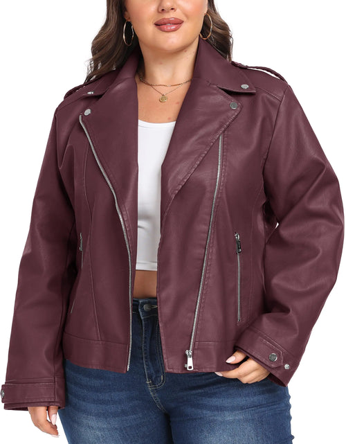 Load image into Gallery viewer, wantdo Womens Plus Size Faux Leather Jacket Short Moto Jacket Wine Red 1X
