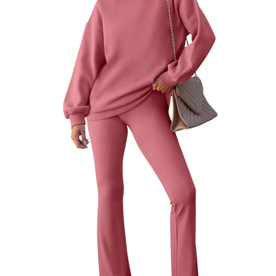 ANRABESS Women 2 Piece Sweatsuits Lounge Set Oversized Fleece Crewneck Sweatshirts Flare Pants 2024 Fall Outfits Clothes Peach Medium