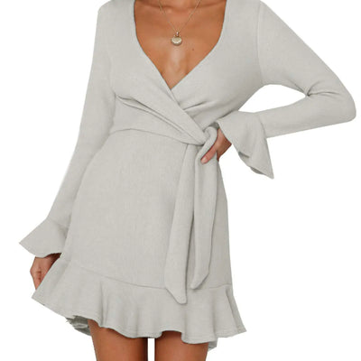 R.Vivimos Womens Winter Long Sleeve V Neck Ruffles Sweater Dresses Mini Dresses (Small LightGrey)
