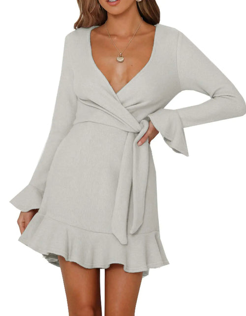 Load image into Gallery viewer, R.Vivimos Womens Winter Long Sleeve V Neck Ruffles Sweater Dresses Mini Dresses (Small LightGrey)
