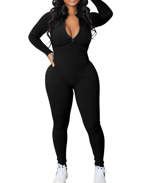 Load image into Gallery viewer, Matunana One Piece Jumpsuits for Women Long Sleeve Tummy Control Bodysuits Sexy V Neck Unitard Casual Ribbed Pants Rompers Bodycon Workout Athletic Fall Outfits 2024
