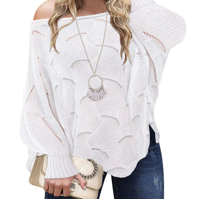RITERA Blusas de suéter talla grande 3X para mujer, suéteres de punto sólidos, tops tipo jersey con hombros descubiertos, cuello redondo, suéteres casuales, sudaderas de otoño e invierno, blanco 3XL 22W 24W