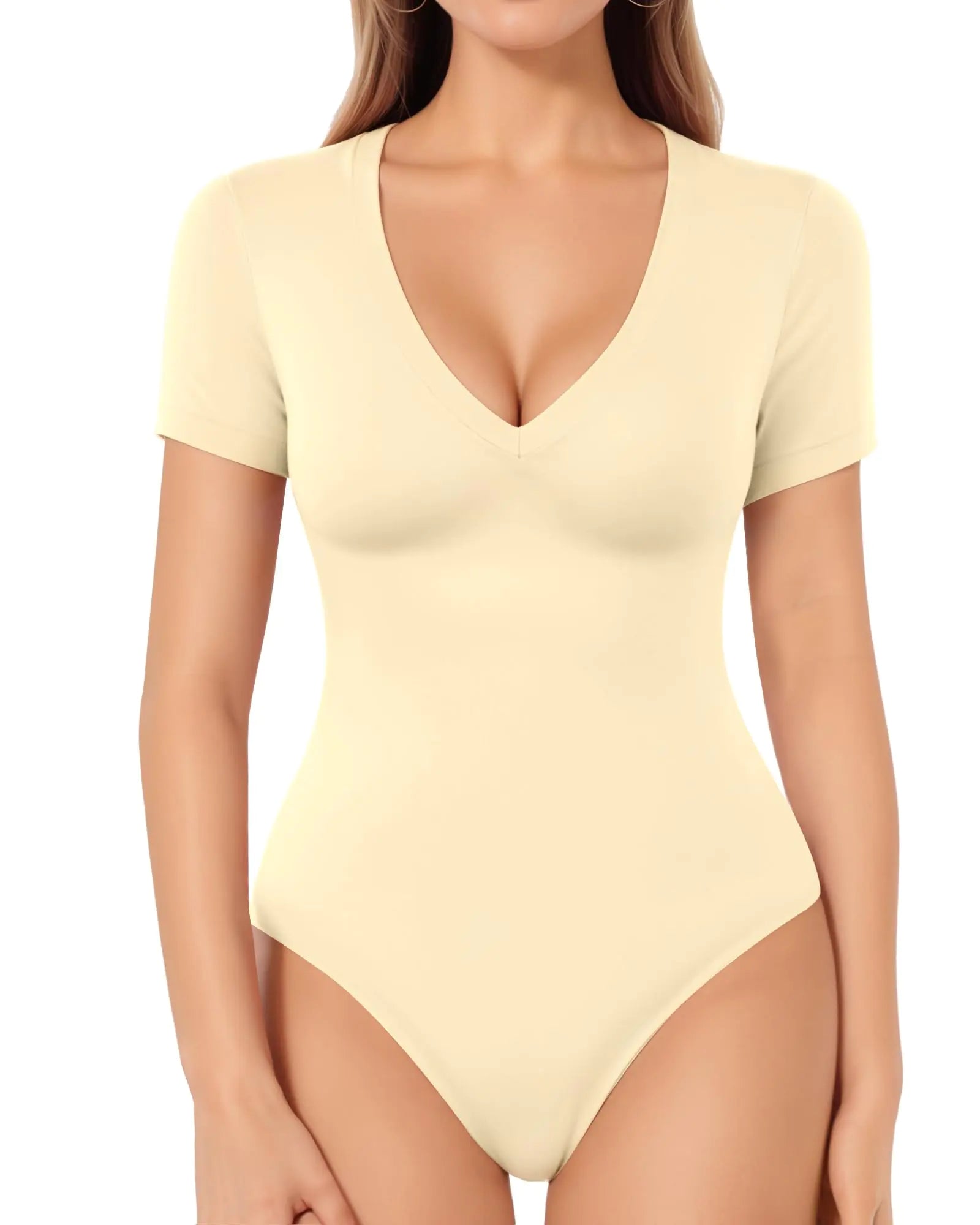 MANGOPOP Deep V Neck Bodysuits for Women Short Sleeve Body Suits Sexy Going Out Tops (Beige Small)