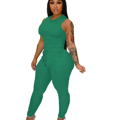 TOPSRANI Womens Two Piece Outfits Bodycon Tracksuit Sweatsuits Solid Jogger Biker Workout Gym Lounge Short Sleeve Pant Sets Green M