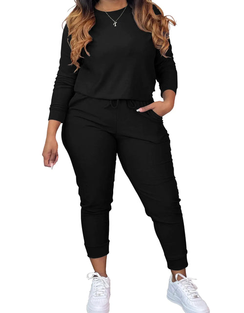 Load image into Gallery viewer, TOPSRANI Women Two Piece Outfits Casual Sweatsuits Tracksuit Solid Lounge Jogging Sweat Suits Matching Jogger Pants Sets All Black M
