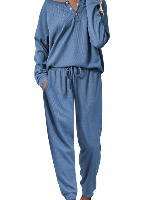 Load image into Gallery viewer, Ekouaer Loungewear for Women 2PC Waffle Knit Sweatsuits Winter Long Sleeve Pajamas Parties Gift Set BlueSamll
