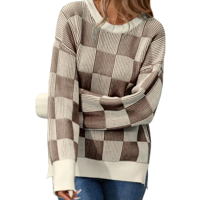 Famulily Womens Plaid Sweater Drop Shoulder Jumper Tops Pullover Aesthetic Sweaters Streetwear Coffee XL