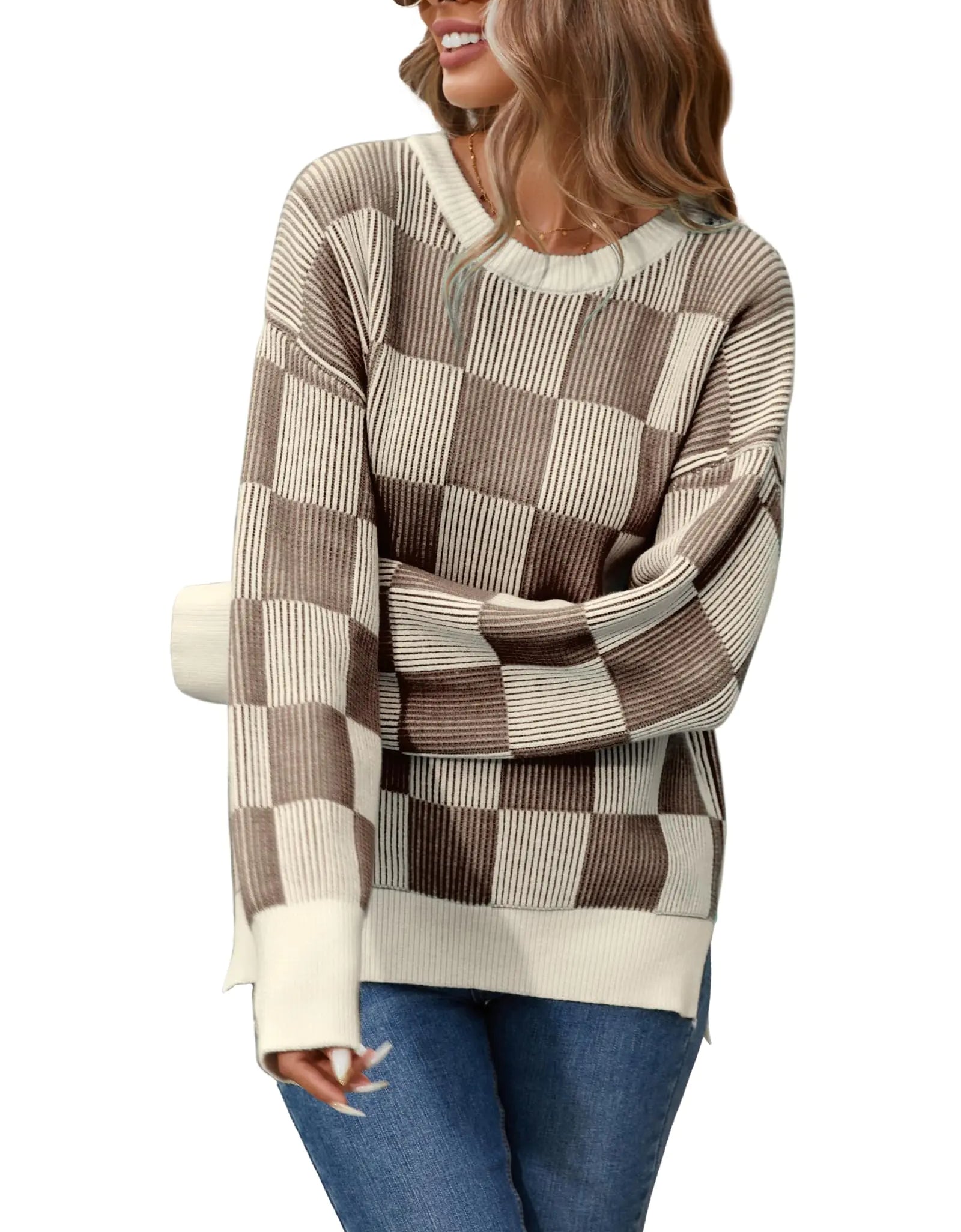 Famulily Womens Plaid Sweater Drop Shoulder Jumper Tops Pullover Aesthetic Sweaters Streetwear Coffee XL