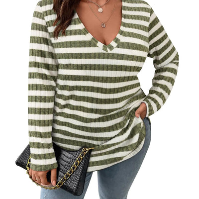 Koscacy Trajes de otoño de talla grande para mujer, lindas blusas de túnica con bloques de color a rayas verdes, camisas de maestra, ropa posparto, ropa de club de fiesta, suéter a rayas 2XL