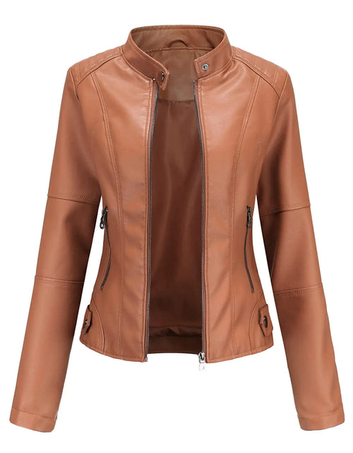 Load image into Gallery viewer, DEAR MODEL Faux Leather Jacket Women Bomber Jacket Womens Belted Motorcycle JacketCamelS
